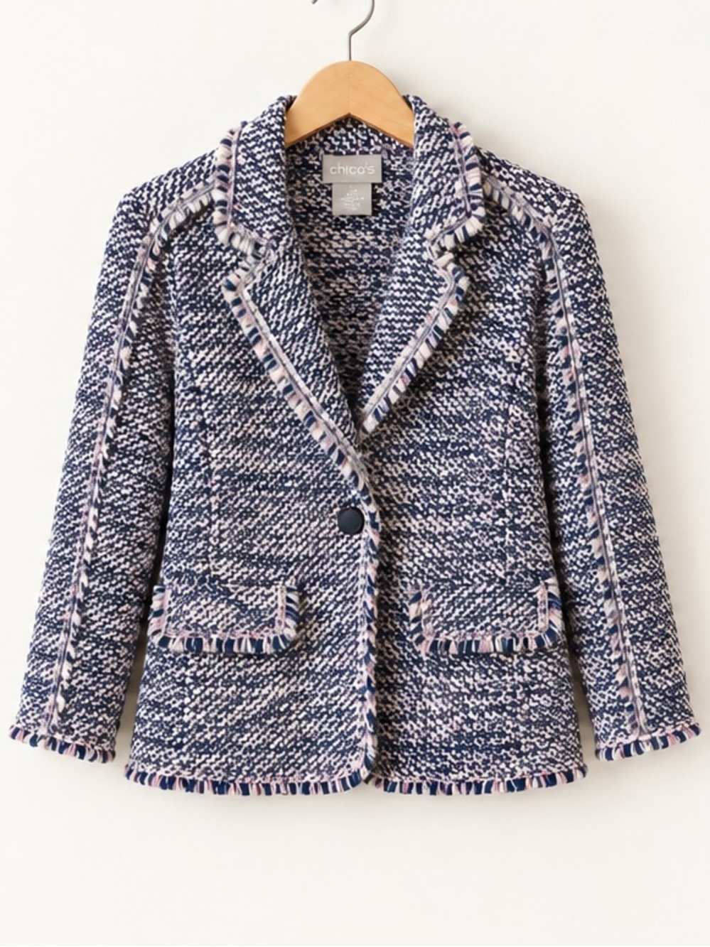 Chico’s Lavender Navy Tweed Notched Lapel Single Button Blazer Fringe Jacket 2P